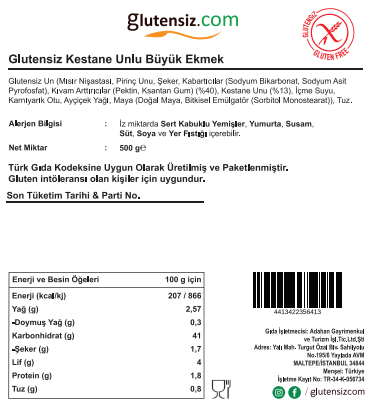 Kestane Unlu Glutensiz Ekmek 600 gr